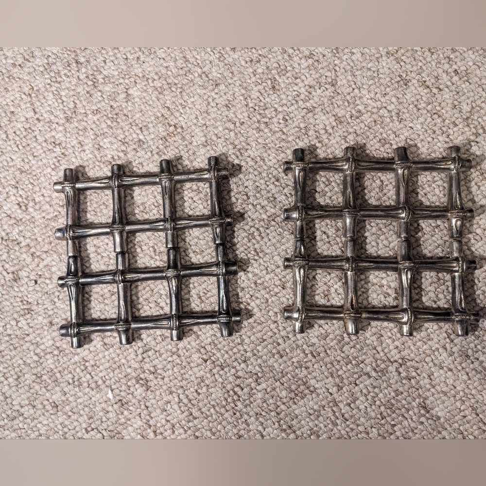 Vintage bamboo inspired expanding trivets, silver toned